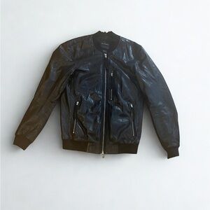 All Saints Black Italian Leather Bomber Jacket